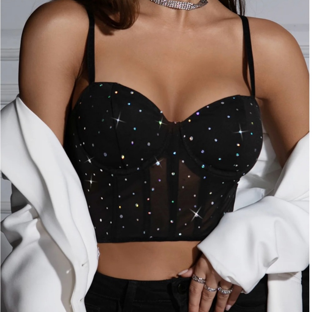 Commense Black Semi Sheer Mesh Corset Top with sparkling Beads.
